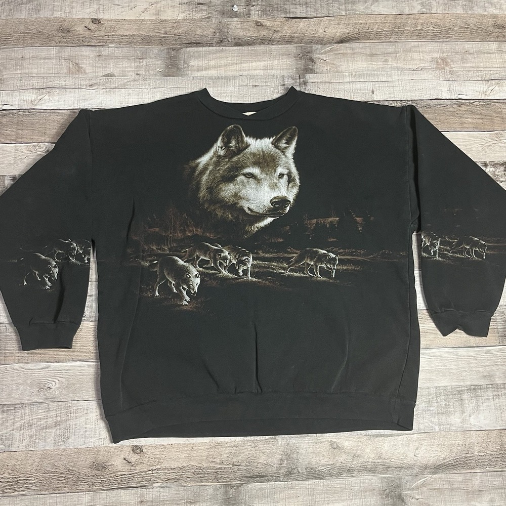 Wolf Sweatshirt Size XL Vintage 90s Aop Artisan Nature Howling Wolves
